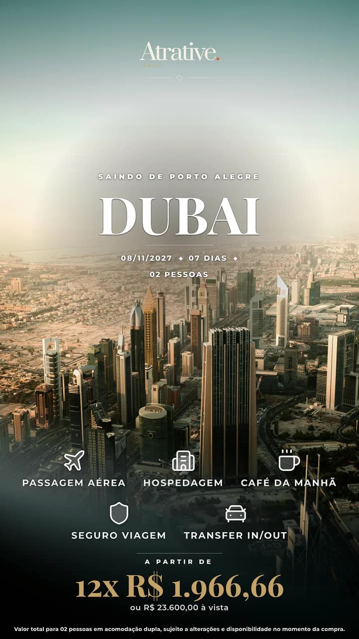 Peça pronta de uma oferta de Dubai, com foto do destino, o que está incluso e o parcelamento